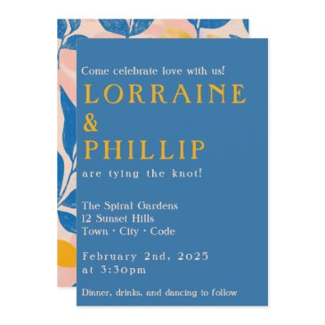 leafy lithograph bold blue yellow and pink wedding invitation