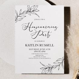 Small Leaves Branches Minimalist Housewarming Party Invitation Front View