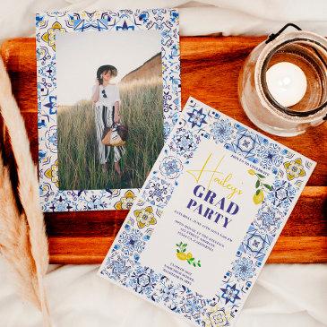 lemon italian blue tiles watercolor graduation invitation