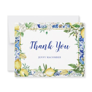 lemon white floral blue mosaic tile thank you invitations