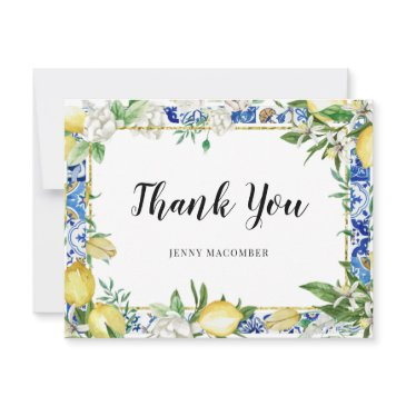 lemon white floral blue tile thank you invitations