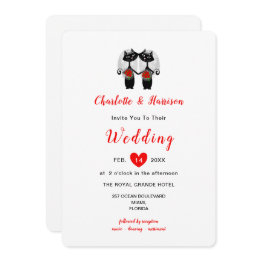 Small Lesbian Cute Whimsy Black Cats Wedding Invitation Front View
