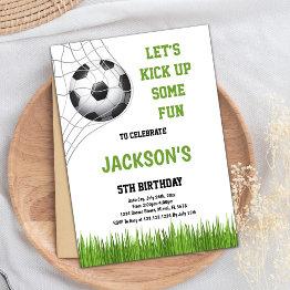 Small Let’s Kick Up Some Fun Soccer Birthday Invitation Front View