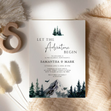 let the adventure begin mountain boy baby shower invitation