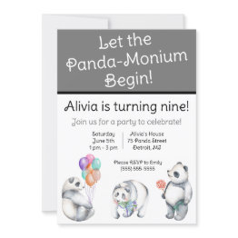 Small Let The Panda-monium Begin! Panda Themed Birthday Invitation Front View