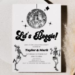 Small Let's Boogie! Disco Ball Skeletons Halloween Party Invitation Front View