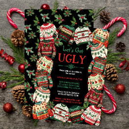 Small Let's Get Ugly Christmas Sweater Party Black Invitation Front View