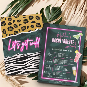 lets get wild zebra leopard neon pink bachelorette invitation