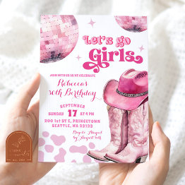 Small Let's Go Girls Pink Space Disco Cowgirl Birthday Invitation Front View