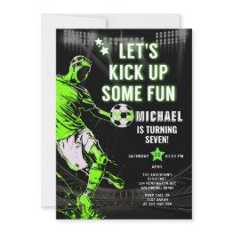 Small Let's Kick Up Some Fun Soccer Kid's Birthday Party Invitation Front View