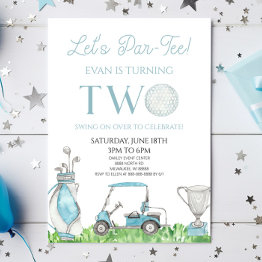 Small Let's Par-tee Blue Golf 2nd Birthday Party Invitation Front View