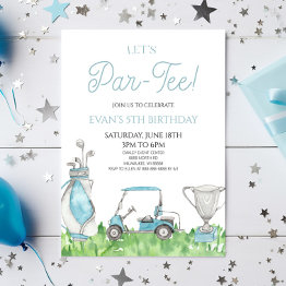 Small Let's Par-tee! Blue Golf Birthday Party Invitation Front View