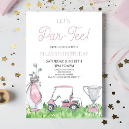 Small Let's Par-tee! Pink Golf Birthday Party Invitation Front View