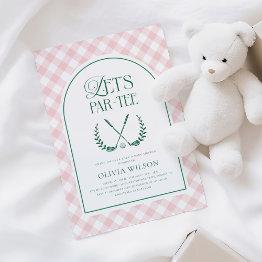 Small Let's Par-tee Preppy Golf Girl Baby Shower Invitation Front View