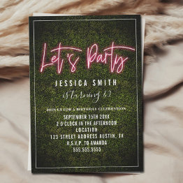 Small Let's Party Neon Boxwood Birthday Invitation Front View