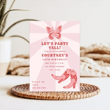 let's party pink cowgirl boots butterfly birthday invitation
