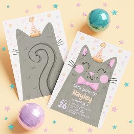 Small Lets Pawty Grey Cute Kitty Cat Face Birthday Party Invitation Front View