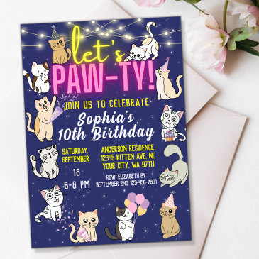 let's pawty neon pink glow cute kittens cats party invitation