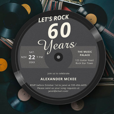 let's rock 60 years vintage record label birthday invitation
