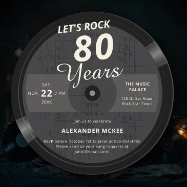 let's rock 80 years vintage lp music 80th birthday invitation
