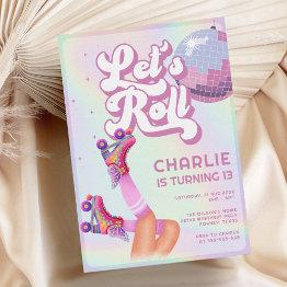 Small Let's Roll Fun Retro Roller Skating Girls Birthday Invitation Front View