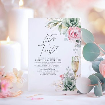 let's toast succulent pink floral engagement party invitation