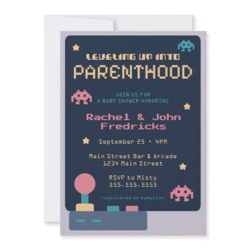 leveling up into parenthood video game baby shower invitation