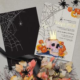 Small Light Academia Floral Halloween Skull Crown Spider Foil Invitation Front View
