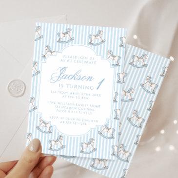 light blue rocking horse striped boho birthday boy invitation