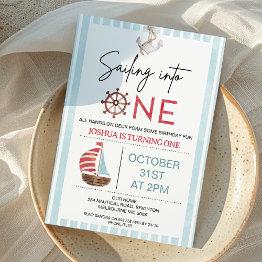 Small Light Blue Sailboat Sailing Into One 1st Birthday Invitation Front View