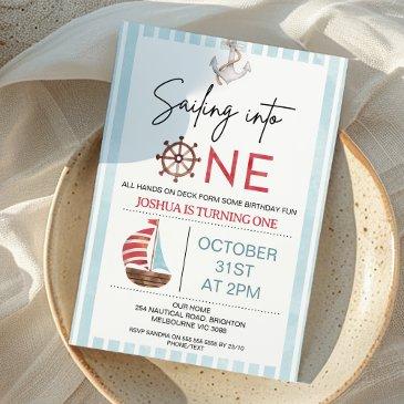 light blue sailboat sailing into one 1st birthday invitation