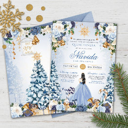 Small Light Blue Winter Wonderland Snowy Quinceanera Invitation Front View