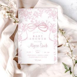 Small Light Pink Bow And Toile Baby Shower Invitation Front View