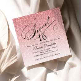 Small Light Pink Glam Glitter Sweet 16 Square Invitation Front View