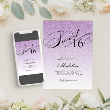 light purple glam glitter sweet 16 invitation