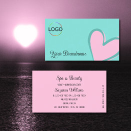 Small Light Teal Gorgeous Pink Heart Chic With Logo Cute Business Invitations Front View