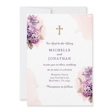 lilac floral watercolor christian cross wedding invitation