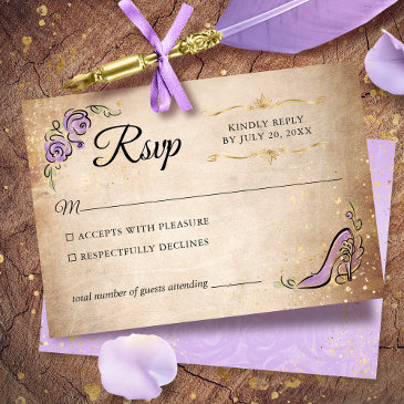 lilac lavender gold princess shoe elegant wedding rsvp invitations