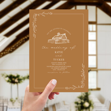 line art rustic barn goldenrod wedding invitation