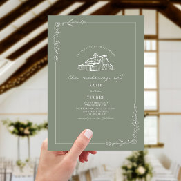 Small Line Art Rustic Barn Sage Green Wedding Invitation Front View