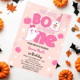 Small Little Boo Is Turning One Halloween First Birthday Invitation Front View
