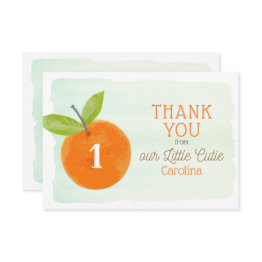 Small Little Cutie Orange Clementine 1st Birthday Thank You Invitations Front View