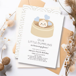 Small Little Dumpling Blue Boy Birthday Invitation Front View
