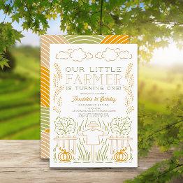 Small Little Farmer Harvest Scarecrow 1st Birthday Invitation Front View