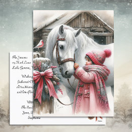 Small Little Girl And Her Horse Personalized Christmas Holiday Postinvitations Front View