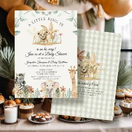 Small Little King Lion Zebra Giraffe Safari Baby Shower Invitation Front View