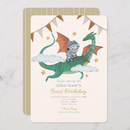 Small Little Knight With Dragon First Birthday Invitation Front View