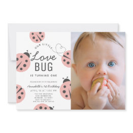 Small Little Love Bug Pink Ladybug 1st Birthday Photo Invitation Front View