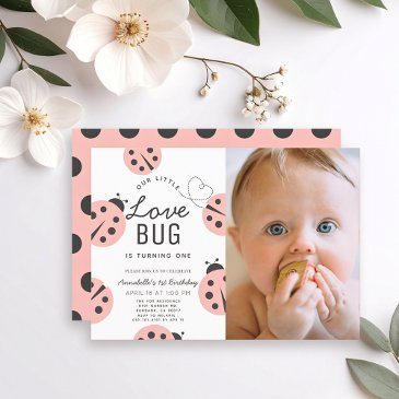 little love bug pink ladybug 1st birthday photo invitation