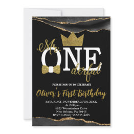 Small Little Man, Mr One-derful Birthday, Black & Gold Invitation Front View